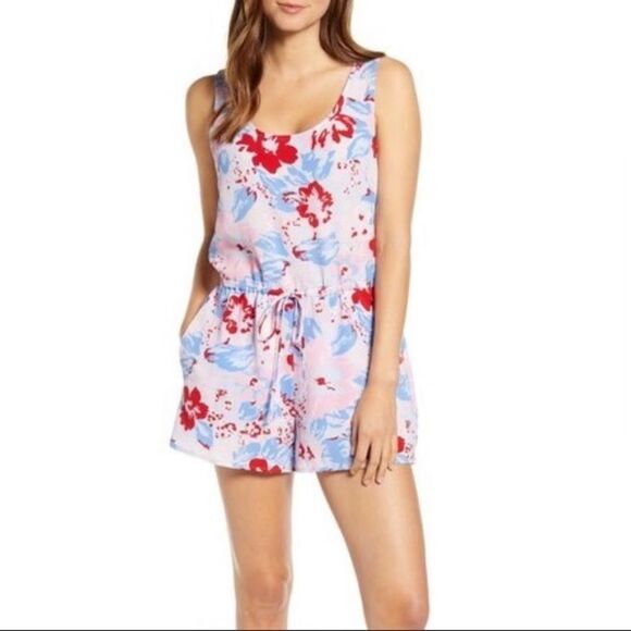 Gibson Floral Pink Blue Woven RomperJumpsuit - Picture 5 of 11